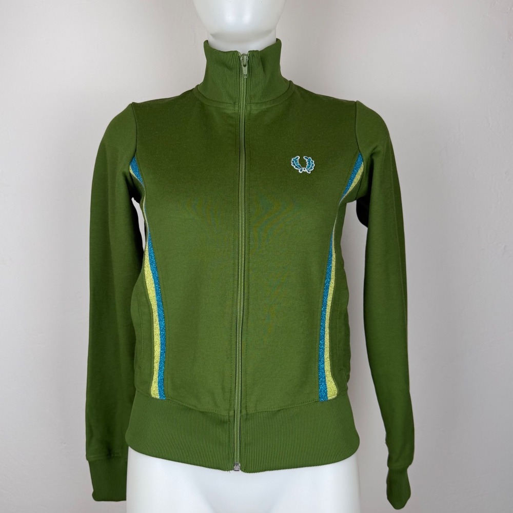 Fred Perry Womens Track Jacket Olive Green Glitter Stripe Size US 6